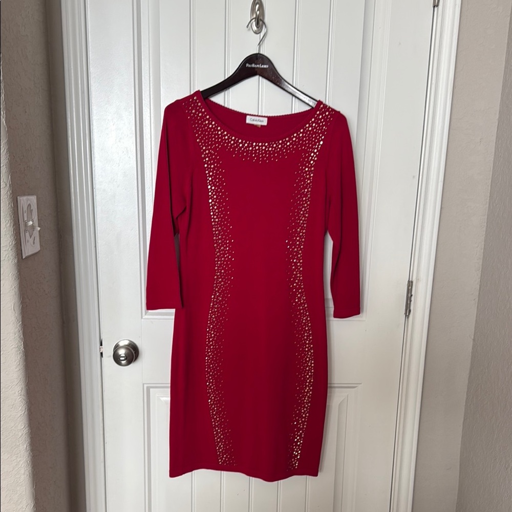 Calvin Klein Red Sheath Dress 3/4 Sleeve Scoop Neck